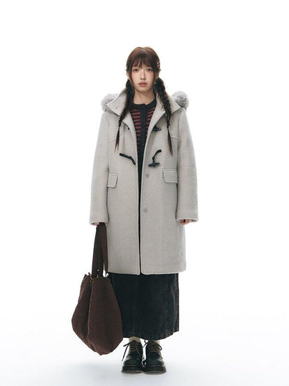 NAPSNAPS Cool White Retro Detachable Fur Collar Toggle Hooded Padded Women&