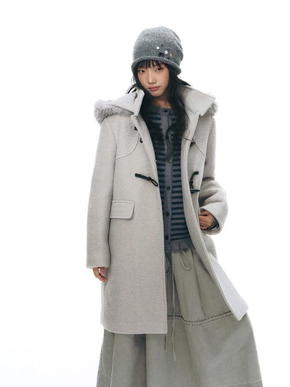 NAPSNAPS Cool White Retro Detachable Fur Collar Toggle Hooded Padded Women&