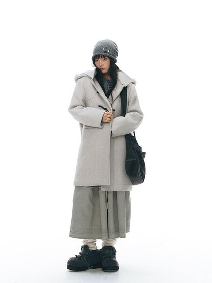 NAPSNAPS Cool White Retro Detachable Fur Collar Toggle Hooded Padded Women&