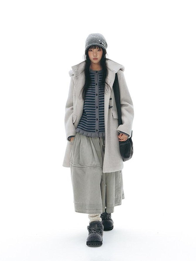 NAPSNAPS Cool White Retro Detachable Fur Collar Toggle Hooded Padded Women&