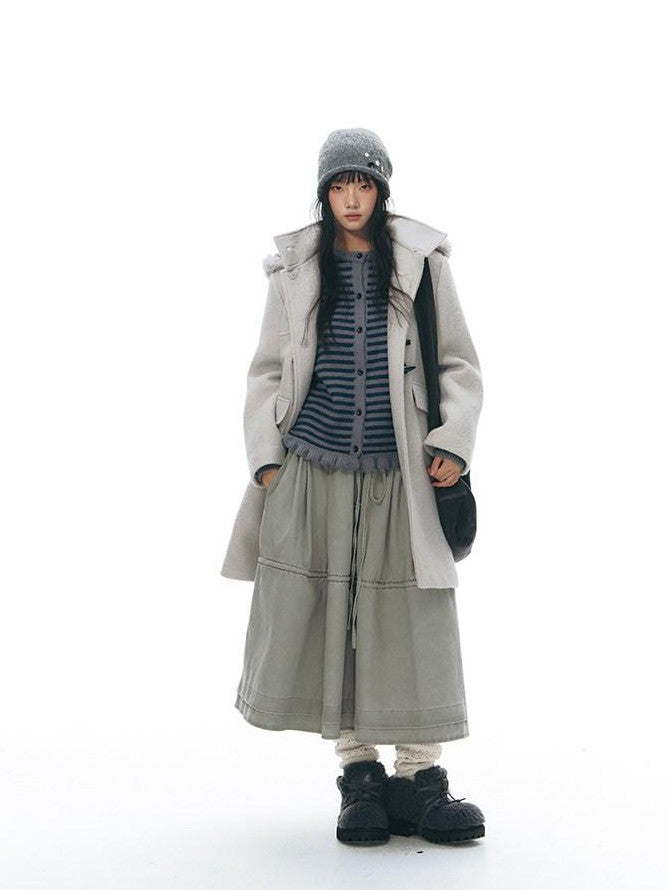 NAPSNAPS Cool White Retro Detachable Fur Collar Toggle Hooded Padded Women&