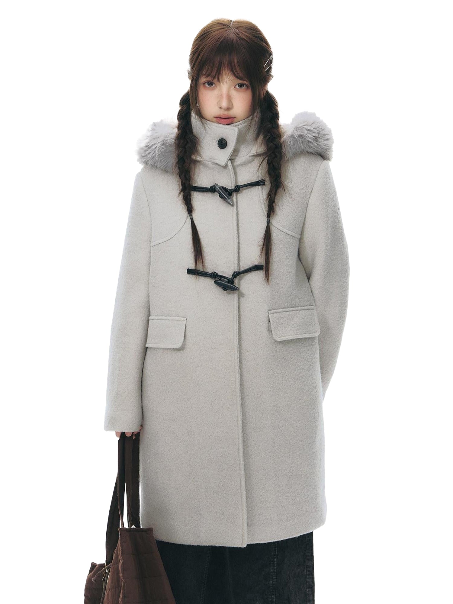 NAPSNAPS Cool White Retro Detachable Fur Collar Toggle Hooded Padded Women&