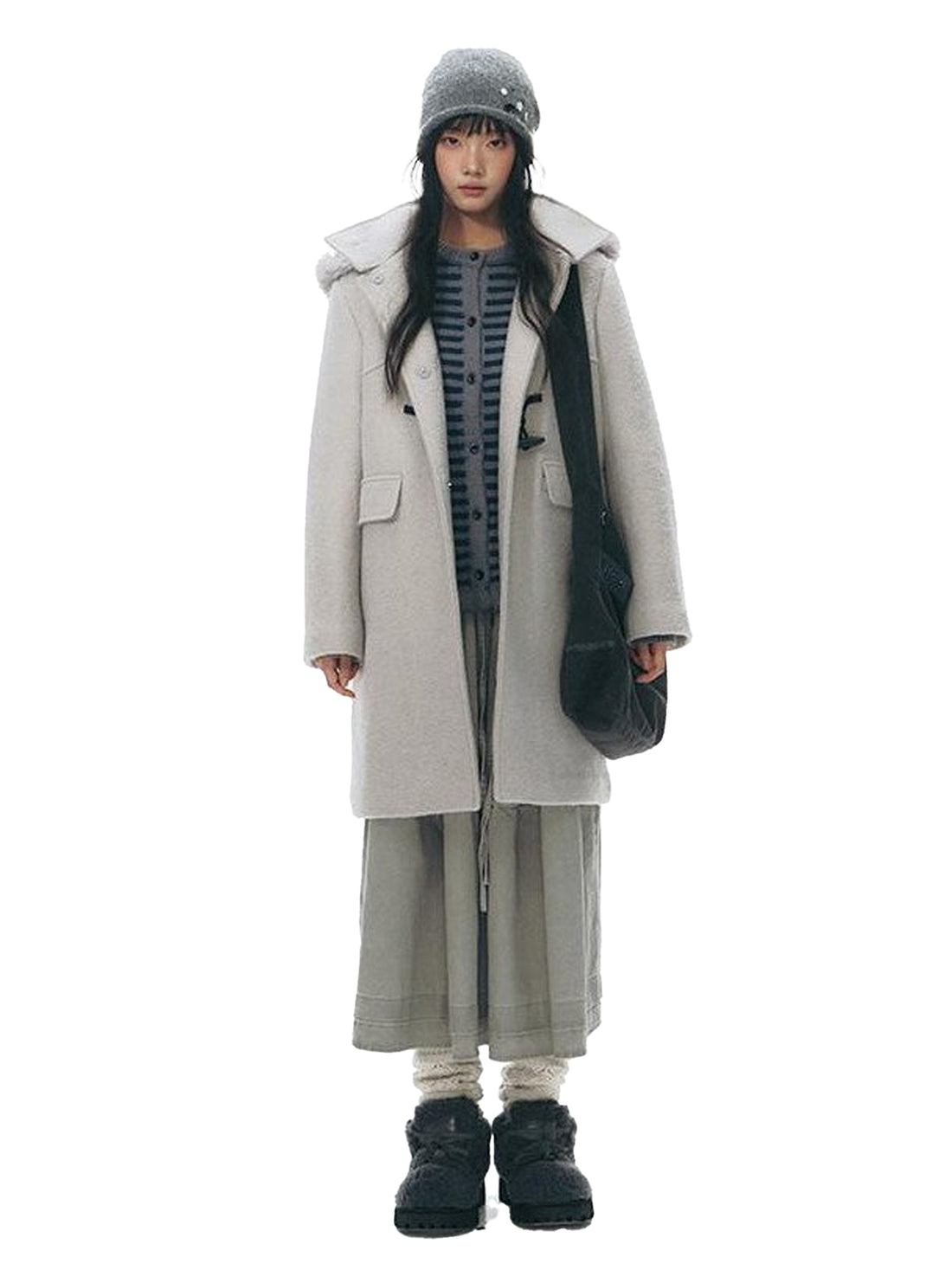NAPSNAPS Cool White Retro Detachable Fur Collar Toggle Hooded Padded Women&