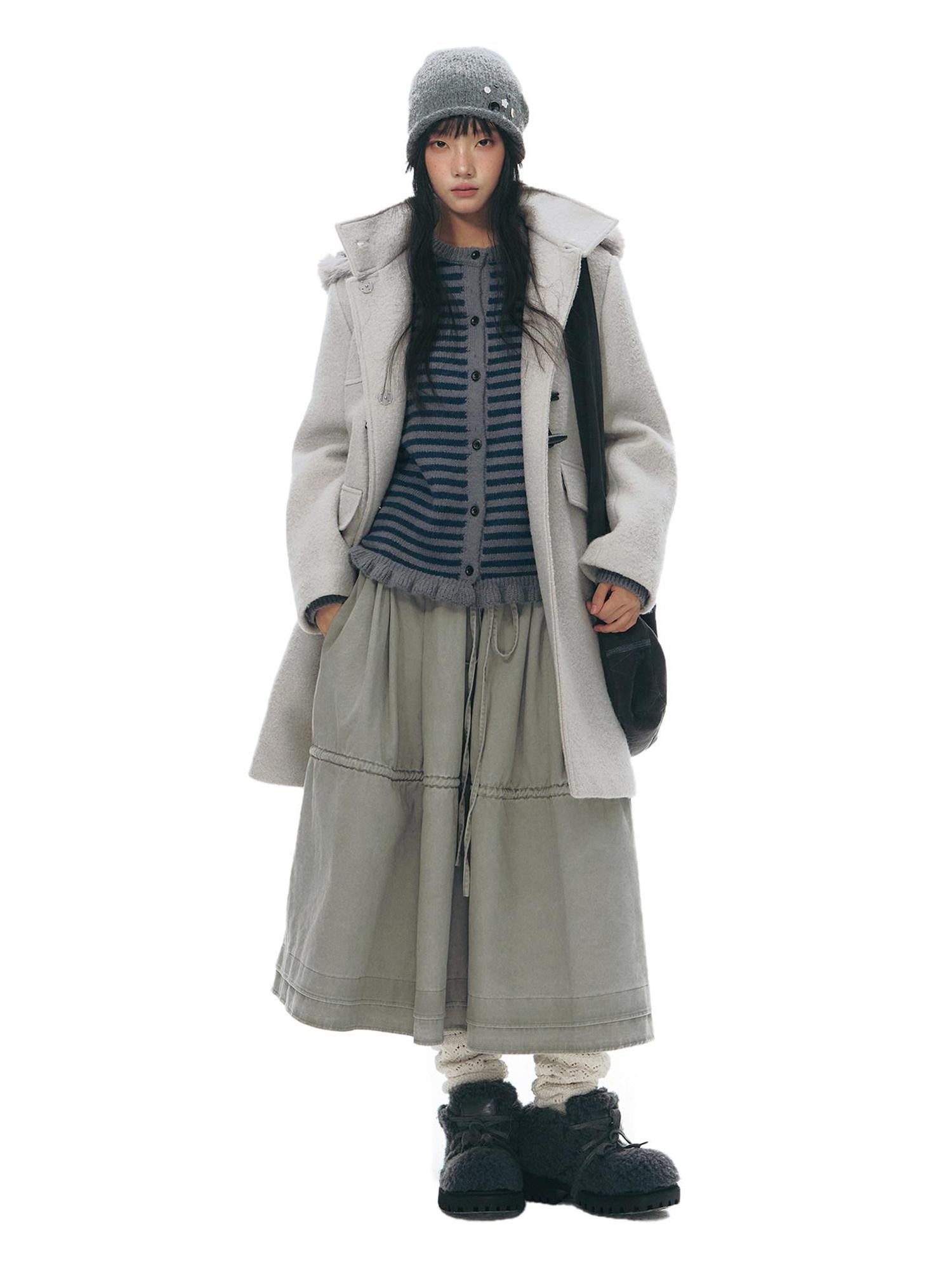 NAPSNAPS Cool White Retro Detachable Fur Collar Toggle Hooded Padded Women&