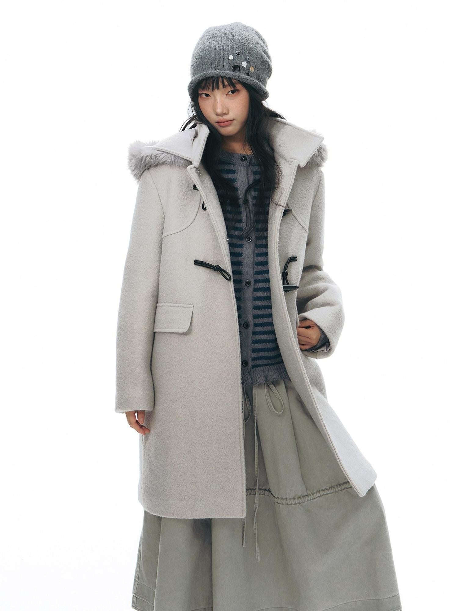 NAPSNAPS Cool White Retro Detachable Fur Collar Toggle Hooded Padded Women&