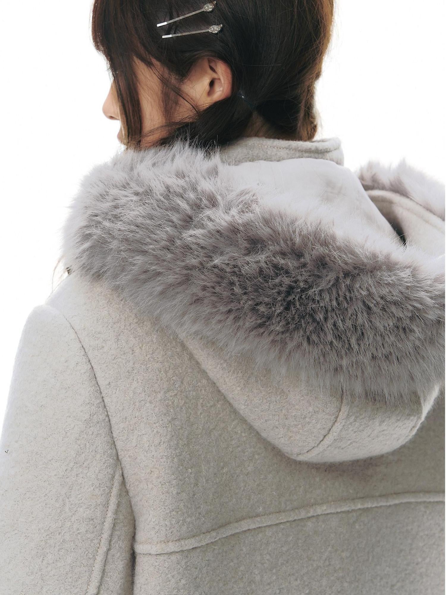 NAPSNAPS Cool White Retro Detachable Fur Collar Toggle Hooded Padded Women&