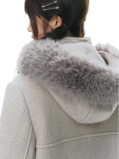 NAPSNAPS Cool White Retro Detachable Fur Collar Toggle Hooded Padded Women&