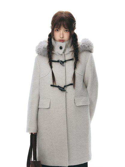NAPSNAPS Cool White Retro Detachable Fur Collar Toggle Hooded Padded Women&