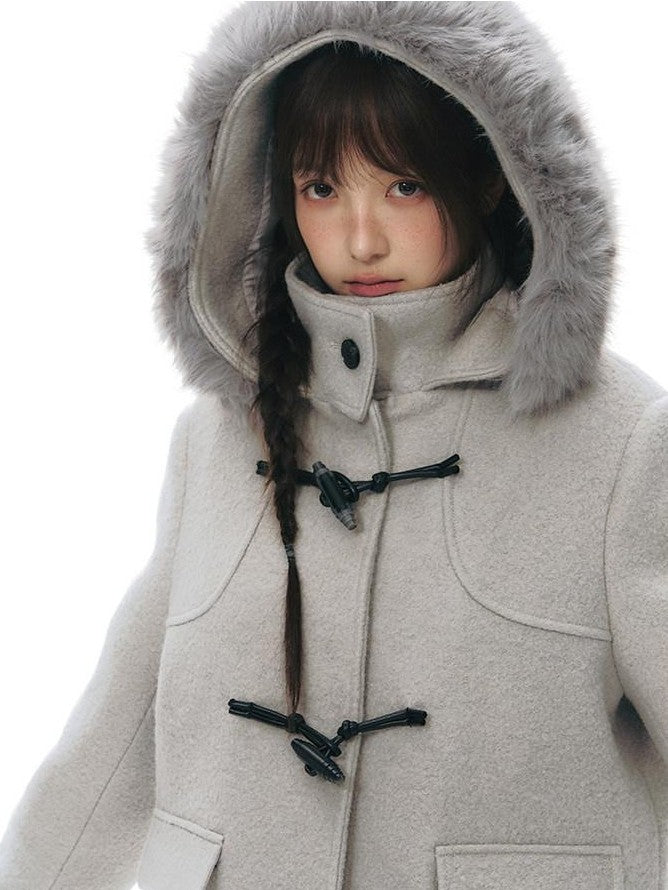 NAPSNAPS Cool White Retro Detachable Fur Collar Toggle Hooded Padded Women&