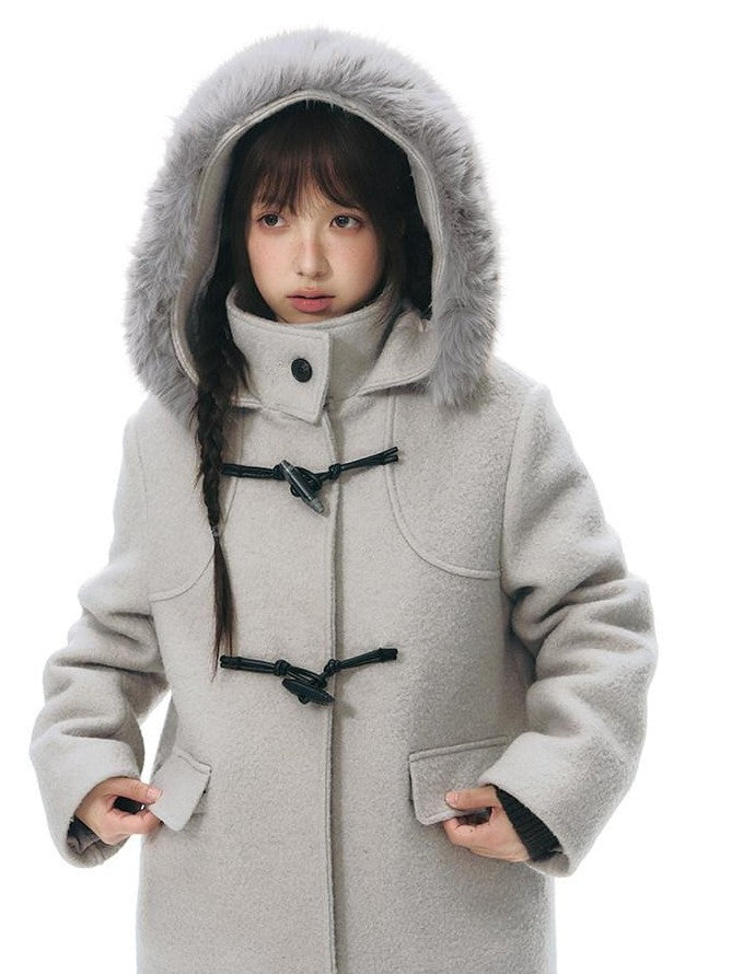 NAPSNAPS Cool White Retro Detachable Fur Collar Toggle Hooded Padded Women&