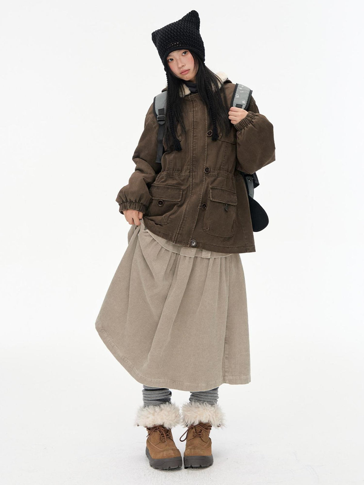 NAPSNAPS Corduroy Spliced Pleated Button A Line Cotton Women&