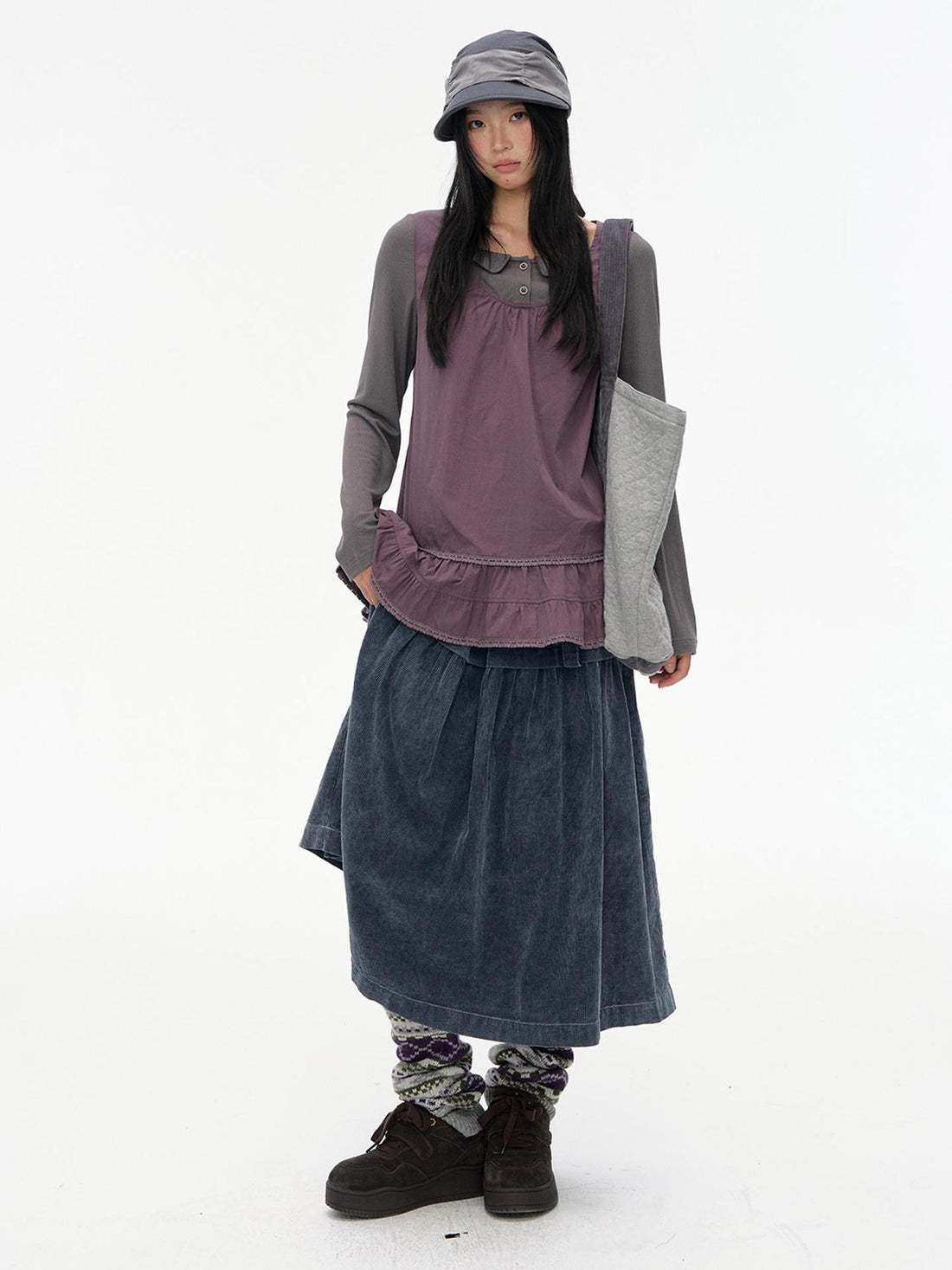 NAPSNAPS Corduroy Spliced Pleated Button A Line Cotton Women&