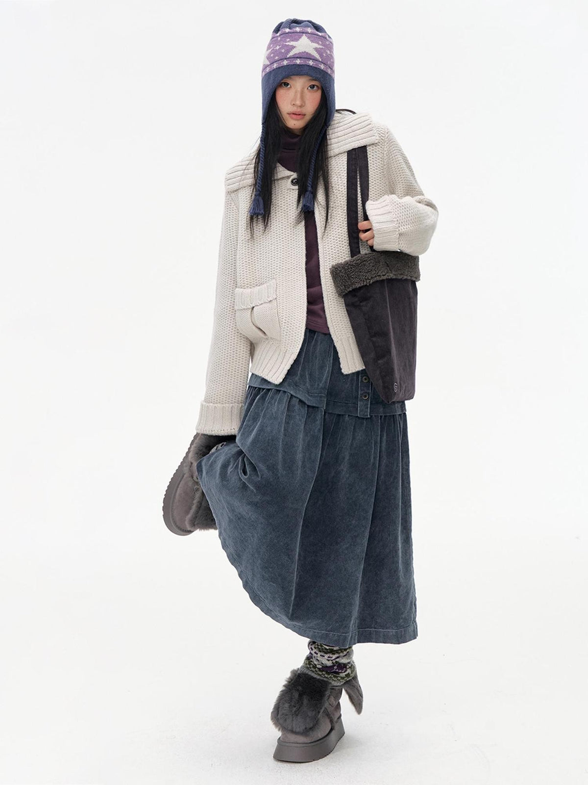 NAPSNAPS Corduroy Spliced Pleated Button A Line Cotton Women&