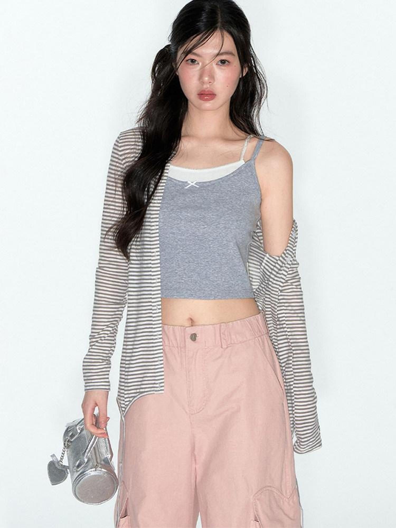 NAPSNAPS Cropped Lace Trim Faux Two Piece Spliced Slim Fit Women&