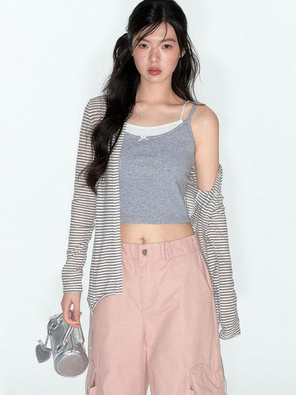 NAPSNAPS Cropped Lace Trim Faux Two Piece Spliced Slim Fit Women&