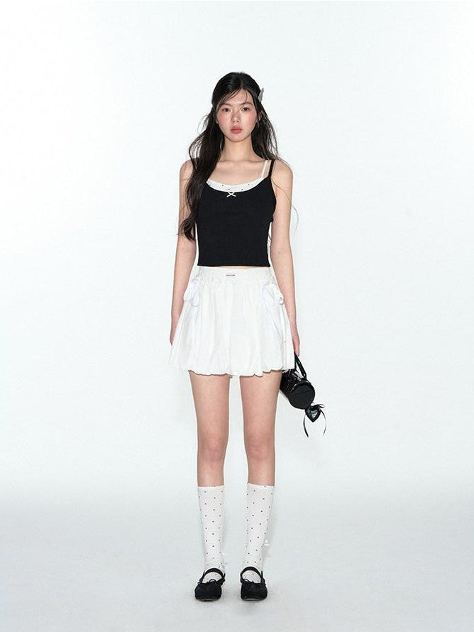 NAPSNAPS Cropped Lace Trim Faux Two Piece Spliced Slim Fit Women&