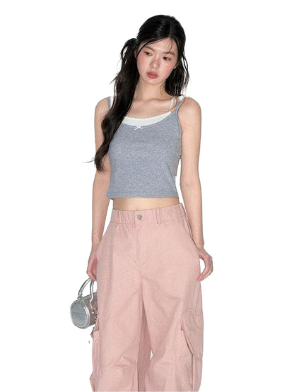 NAPSNAPS Cropped Lace Trim Faux Two Piece Spliced Slim Fit Women&