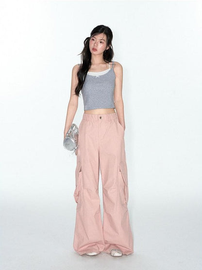 NAPSNAPS Cropped Lace Trim Faux Two Piece Spliced Slim Fit Women&