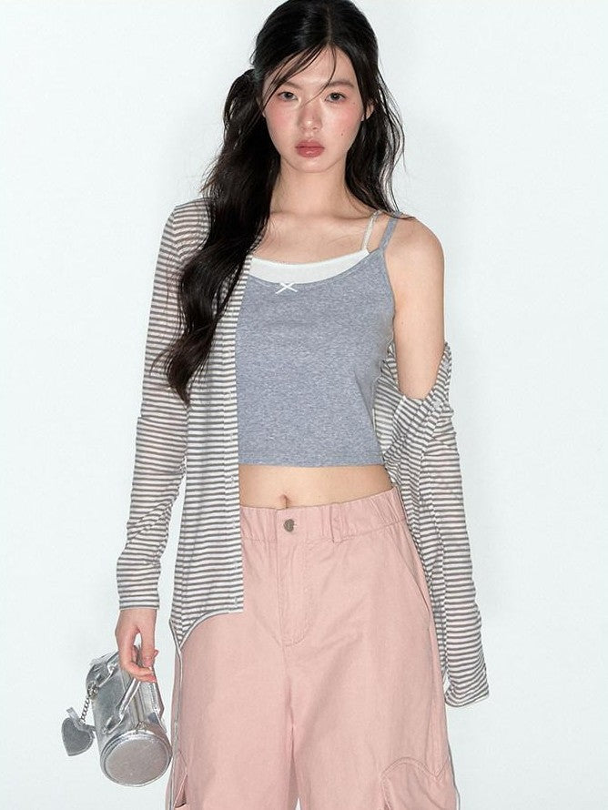 NAPSNAPS Cropped Lace Trim Faux Two Piece Spliced Slim Fit Women&