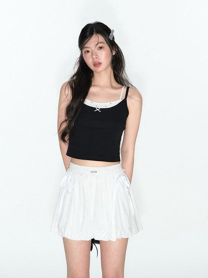 NAPSNAPS Cropped Lace Trim Faux Two Piece Spliced Slim Fit Women&