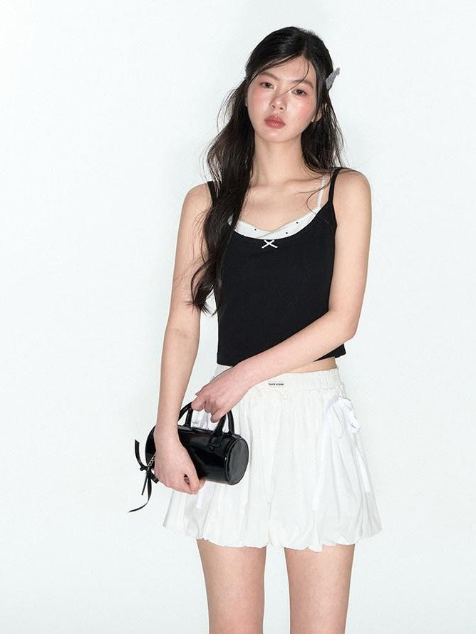 NAPSNAPS Cropped Lace Trim Faux Two Piece Spliced Slim Fit Women&