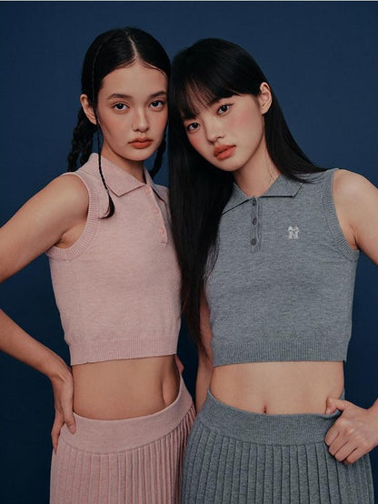 NAPSNAPS Cropped Round Neck Buttoned Polo Knit Women&