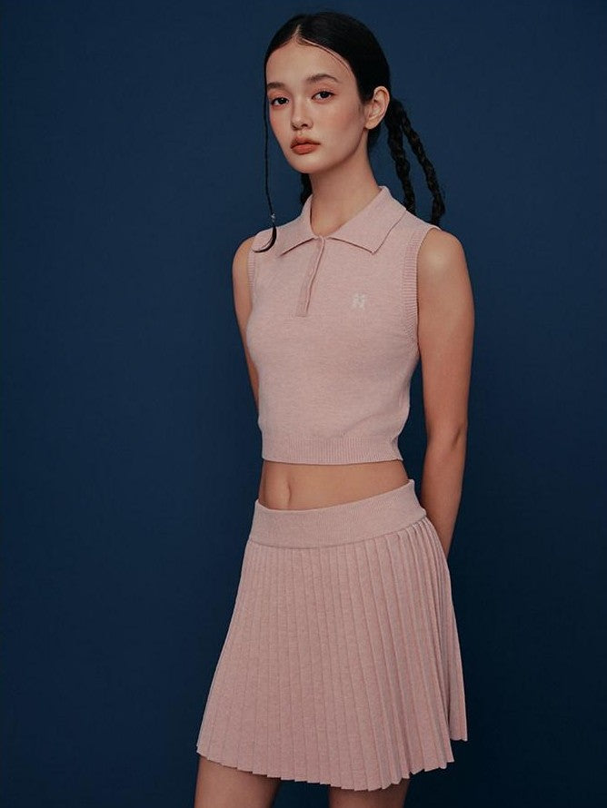NAPSNAPS Cropped Round Neck Buttoned Polo Knit Women&