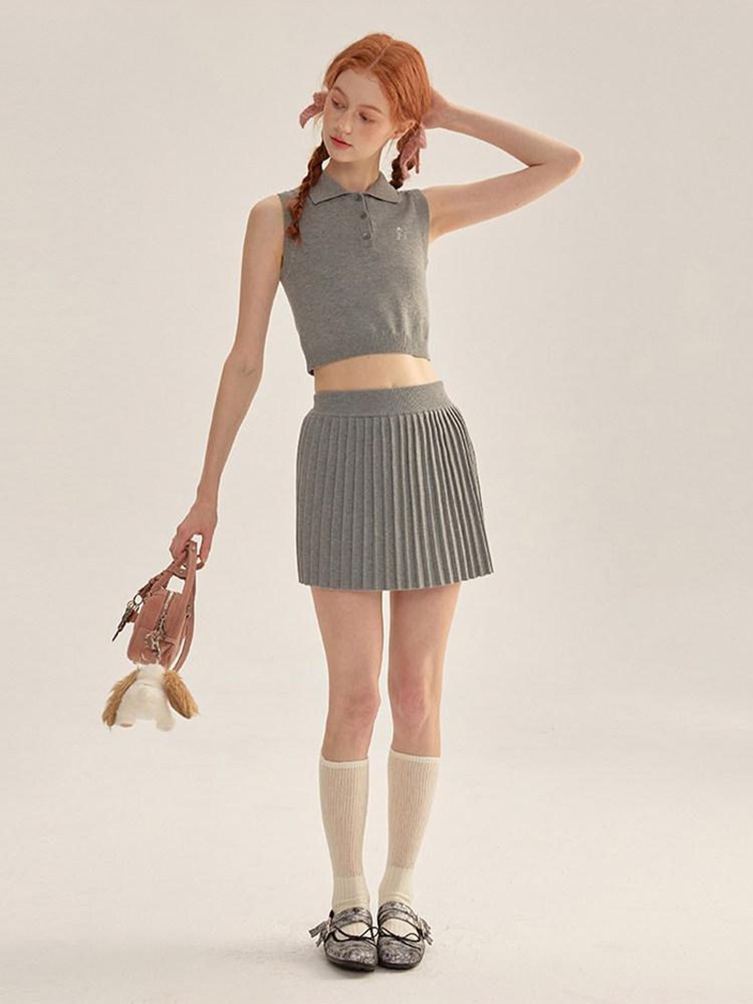 NAPSNAPS Cropped Round Neck Buttoned Polo Knit Women&