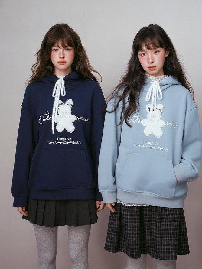 NAPSNAPS Cute Rabbit Applique Fleece Kangaroo Pocket Women&
