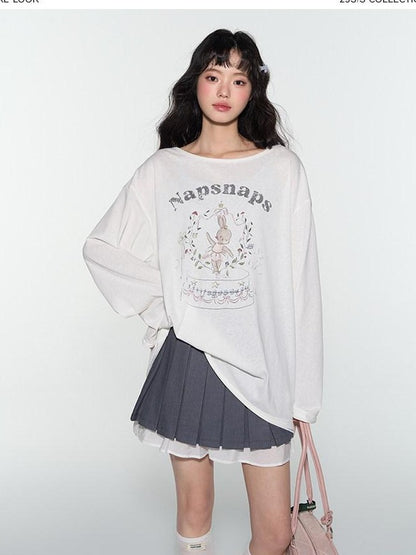 NAPSNAPS Cute Rabbit Print Loose Crewneck Women&