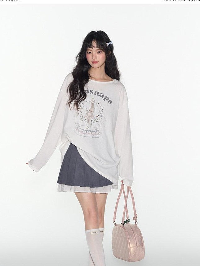 NAPSNAPS Cute Rabbit Print Loose Crewneck Women&
