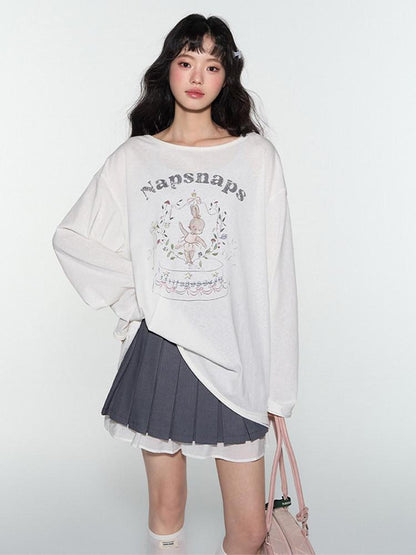 NAPSNAPS Cute Rabbit Print Loose Crewneck Women&
