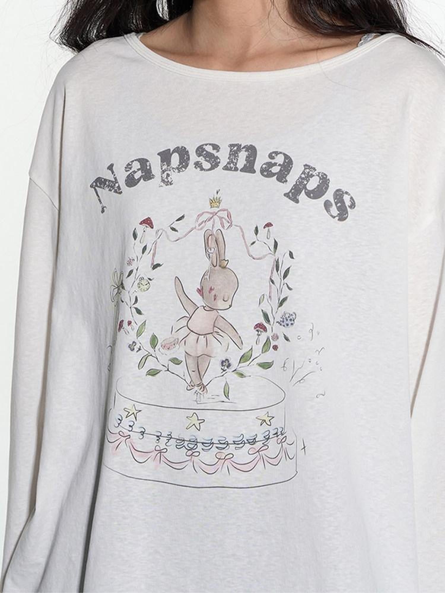 NAPSNAPS Cute Rabbit Print Loose Crewneck Women&