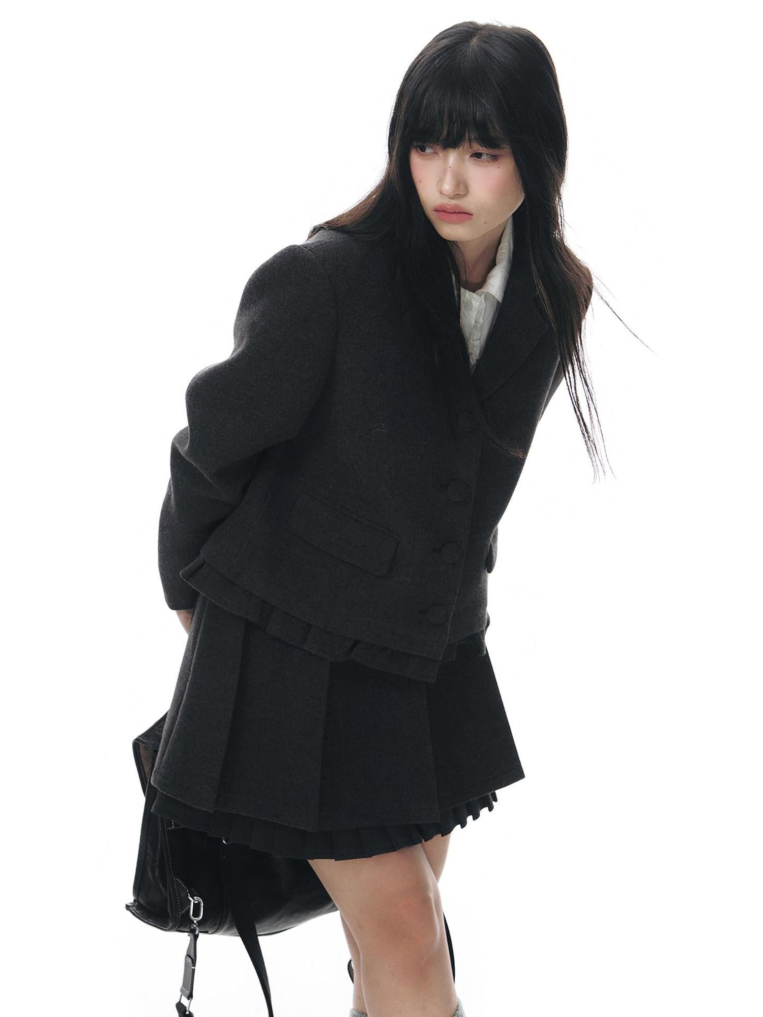 NAPSNAPS Dark Gray Ruffle Hem Patchwork College Women&