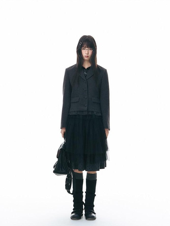 NAPSNAPS Dark Gray Ruffle Hem Patchwork College Women&