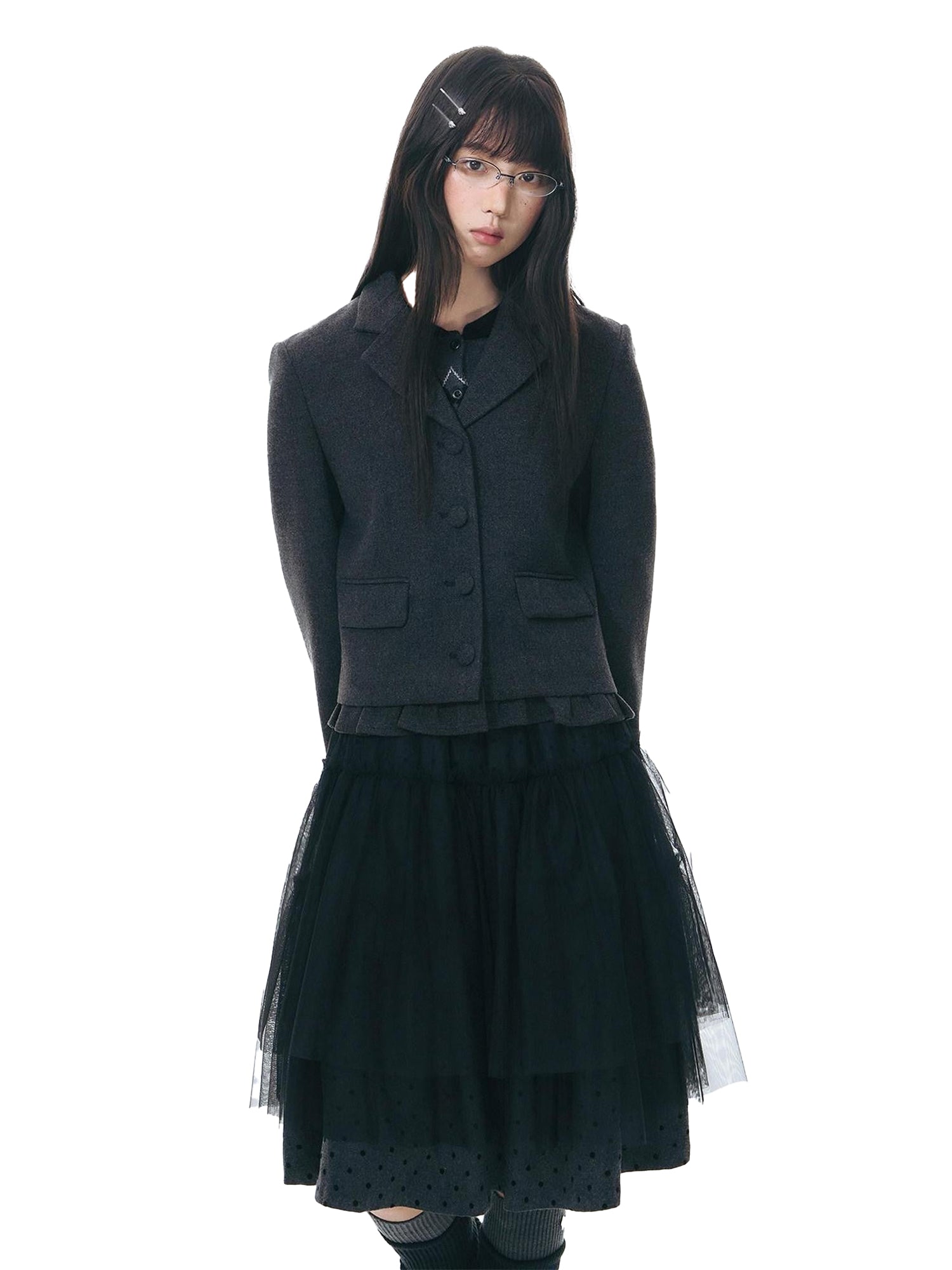 NAPSNAPS Dark Gray Ruffle Hem Patchwork College Women&