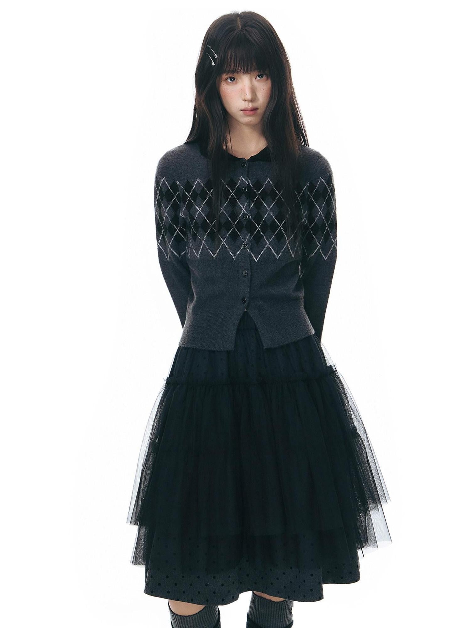 NAPSNAPS Dark Polka Dot Double Layer Pleated High Waist Women&