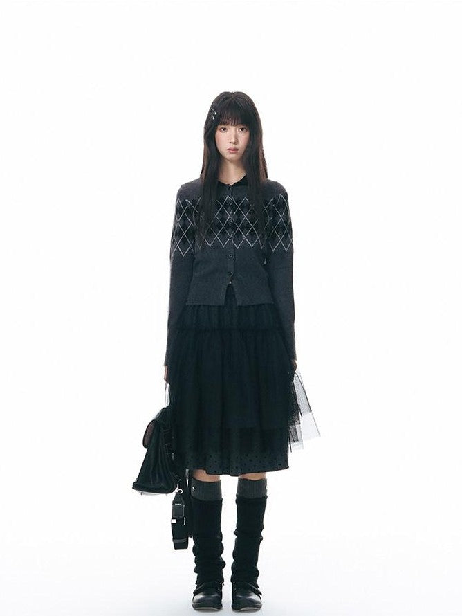 NAPSNAPS Dark Polka Dot Double Layer Pleated High Waist Women&