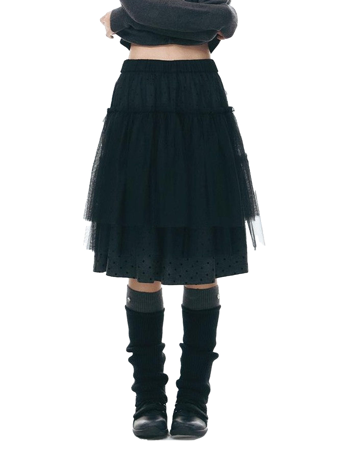 NAPSNAPS Dark Polka Dot Double Layer Pleated High Waist Women&