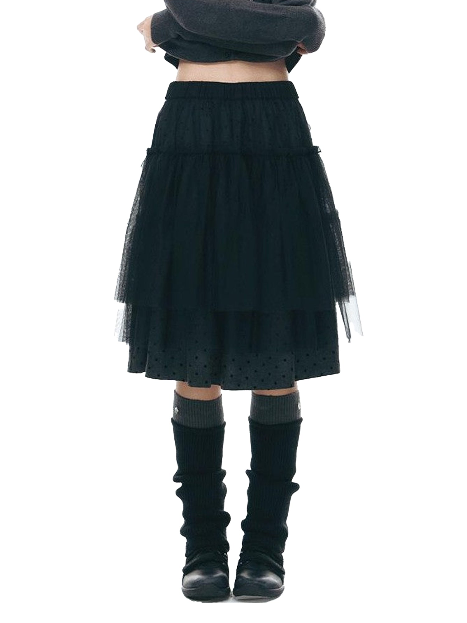 NAPSNAPS Dark Polka Dot Double Layer Pleated High Waist Women&