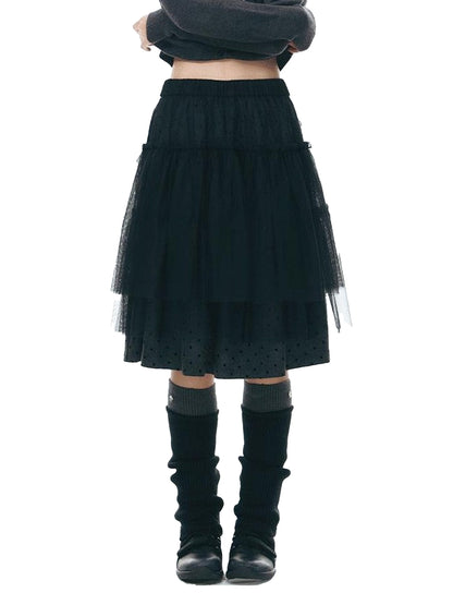 NAPSNAPS Dark Polka Dot Double Layer Pleated High Waist Women&
