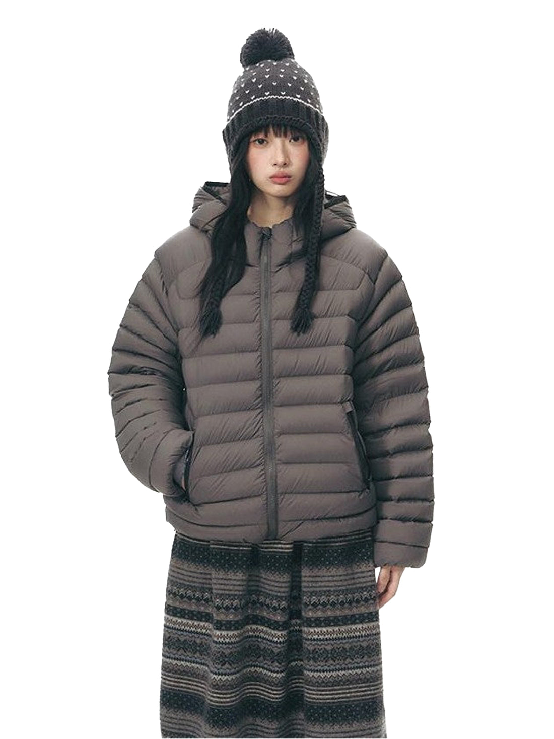NAPSNAPS Deep Gray Ribbed Quilted Hooded Zippered Women&