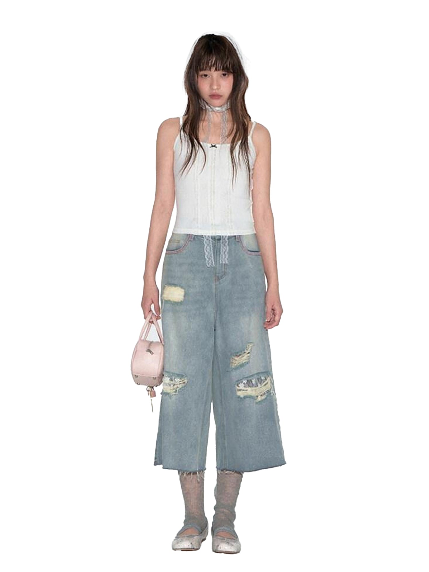 NAPSNAPS Denim Blue Lace Ripped Contrast Stitch Wide Leg Women&