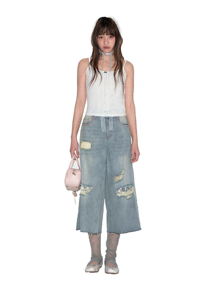 NAPSNAPS Denim Blue Lace Ripped Contrast Stitch Wide Leg Women&
