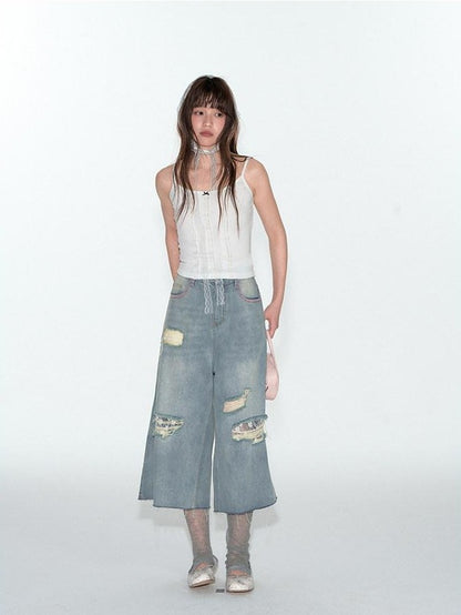 NAPSNAPS Denim Blue Lace Ripped Contrast Stitch Wide Leg Women&