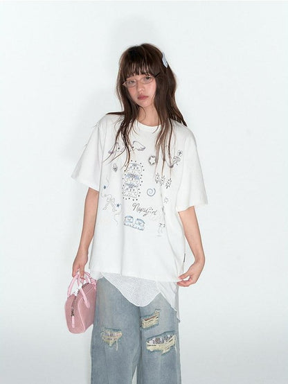 NAPSNAPS Denim Blue Lace Ripped Contrast Stitch Wide Leg Women&