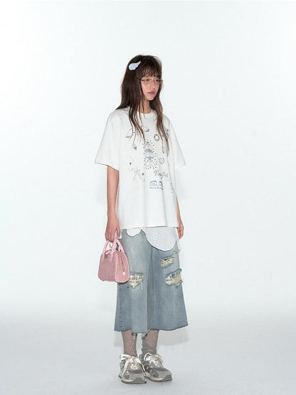 NAPSNAPS Denim Blue Lace Ripped Contrast Stitch Wide Leg Women&