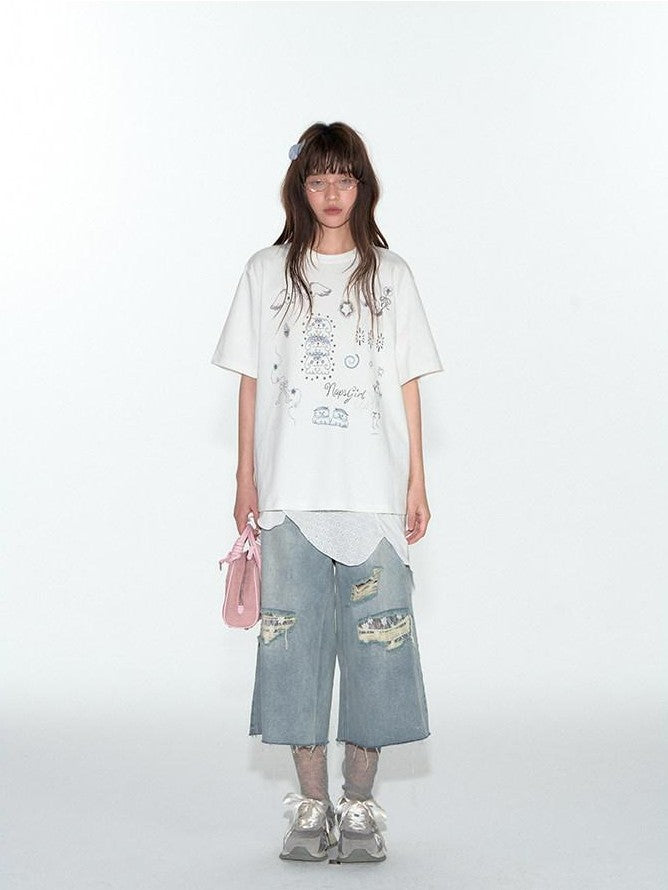 NAPSNAPS Denim Blue Lace Ripped Contrast Stitch Wide Leg Women&