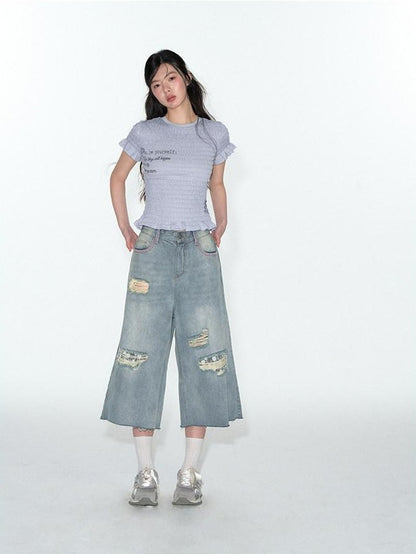 NAPSNAPS Denim Blue Lace Ripped Contrast Stitch Wide Leg Women&