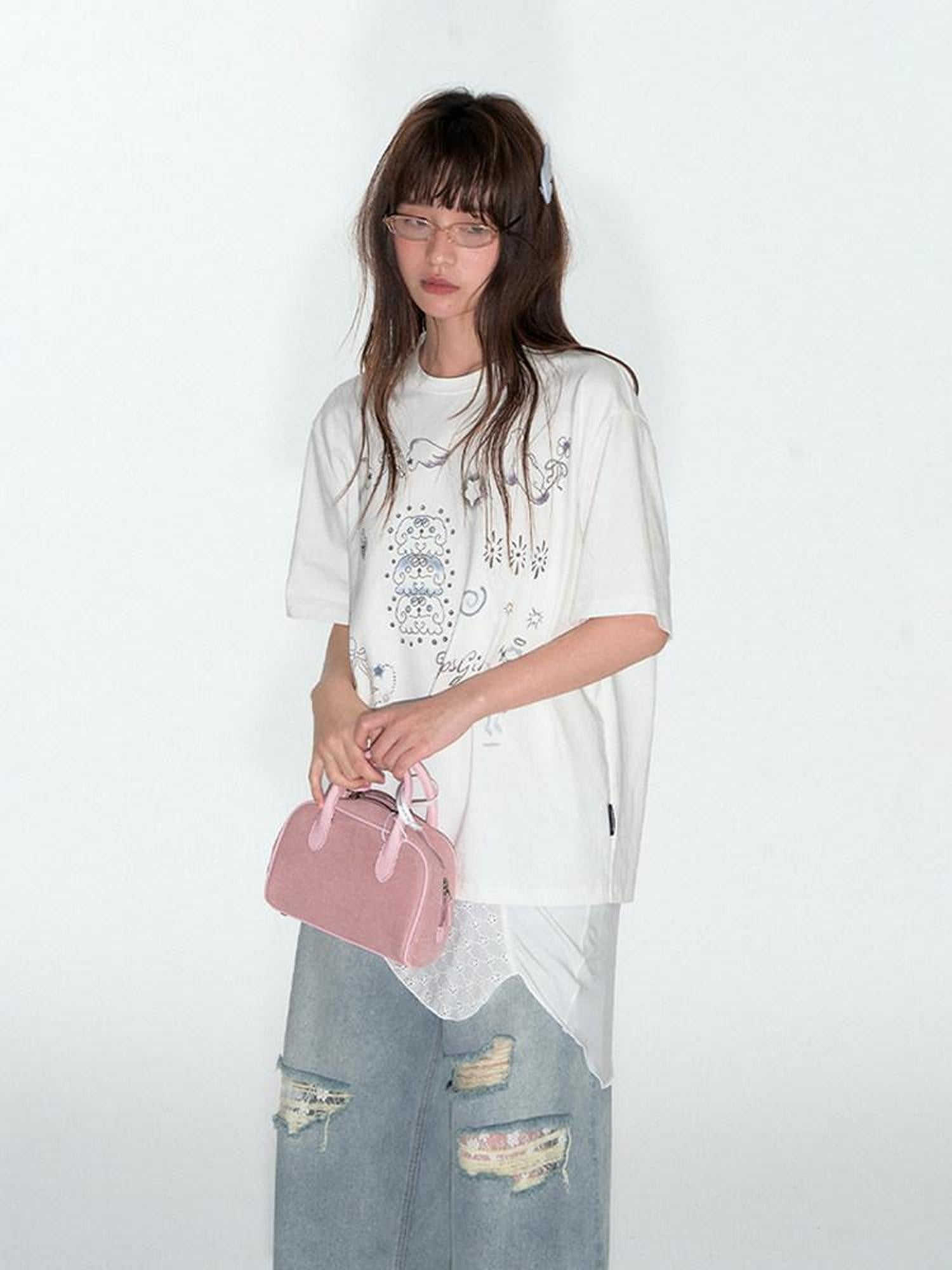 NAPSNAPS Denim Blue Lace Ripped Contrast Stitch Wide Leg Women&
